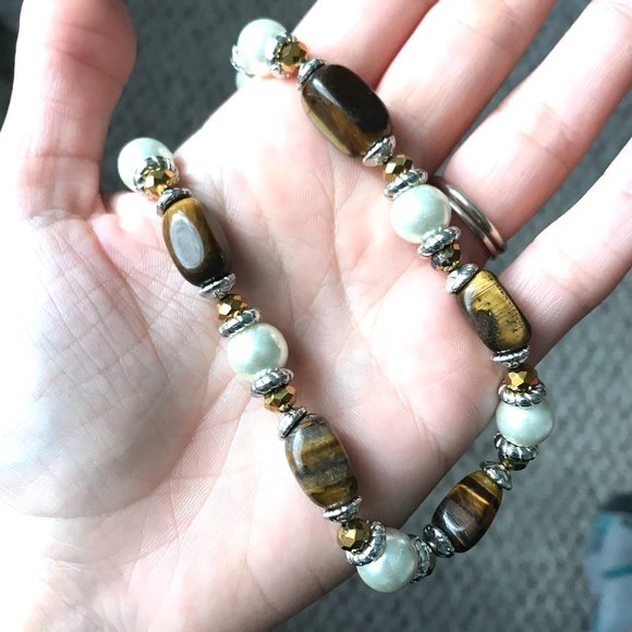 Genuine Tiger's Eye Stones and Glass Pearl Necklace - Picture 1 of 5